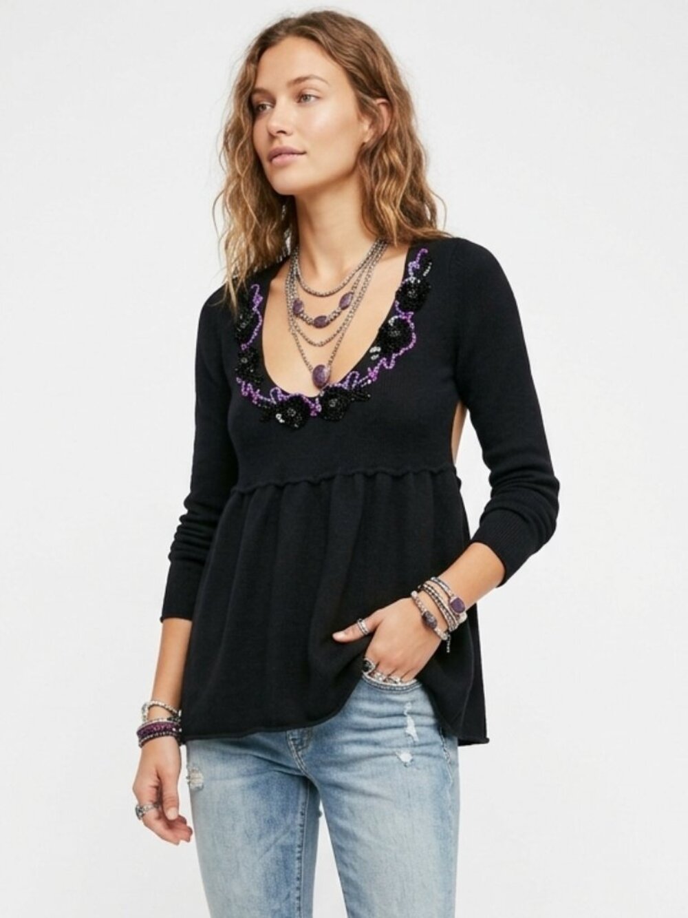 Free People Womens Black Floral Embellished Babydoll Top Medium Boho Whimsigoth